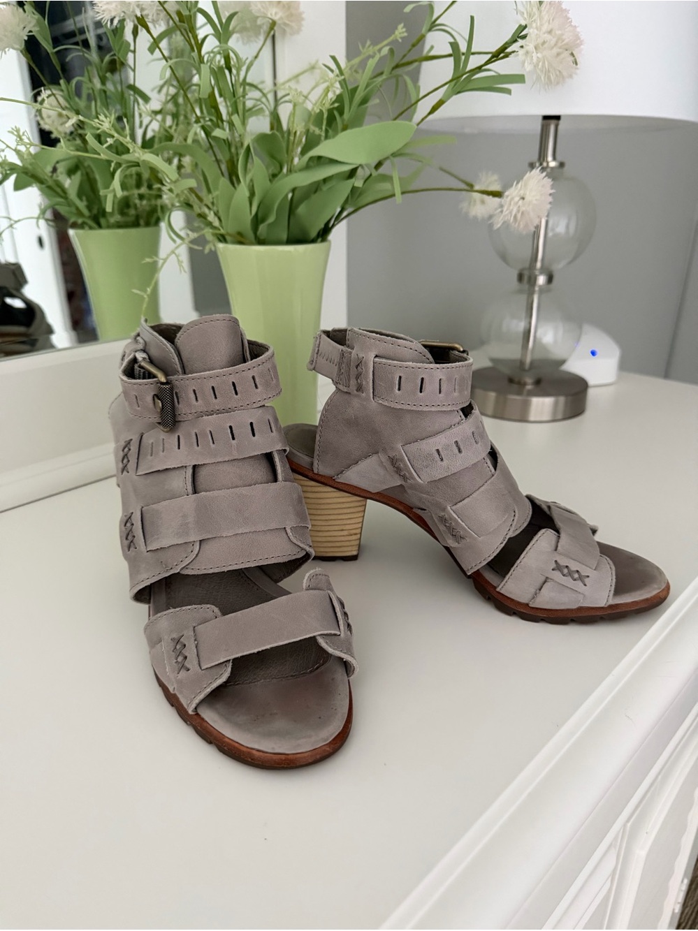 Sorel Gray Suede Strappy Block Heel Sandals
